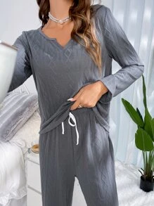 Notched Neckline Drawstring Waist Lounge Set - Dark Grey - View 5