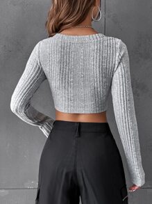 SHEIN EZwear 條紋針織短款T恤 - 灰色 - 查看 3