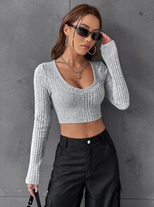 SHEIN EZwear 條紋針織短款T恤 - 灰色 - 查看 4