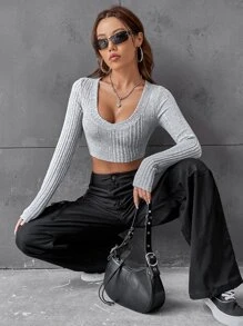 SHEIN EZwear 條紋針織短款T恤 - 灰色 - 查看 5