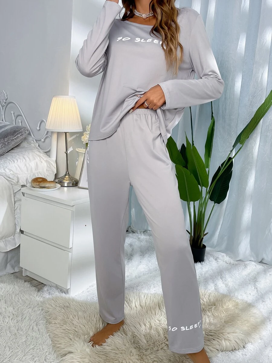 Slogan Graphic Tee & Trousers Lounge Set - Light Grey - View 1
