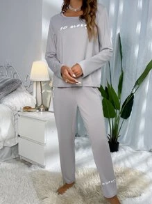 Slogan Graphic Tee & Trousers Lounge Set - Light Grey - View 5