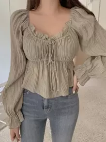 DAZY 系带前荷叶边袖荷叶边挤奶女工衬衫，秋季服装长袖上衣 - 卡其色 - 查看 1