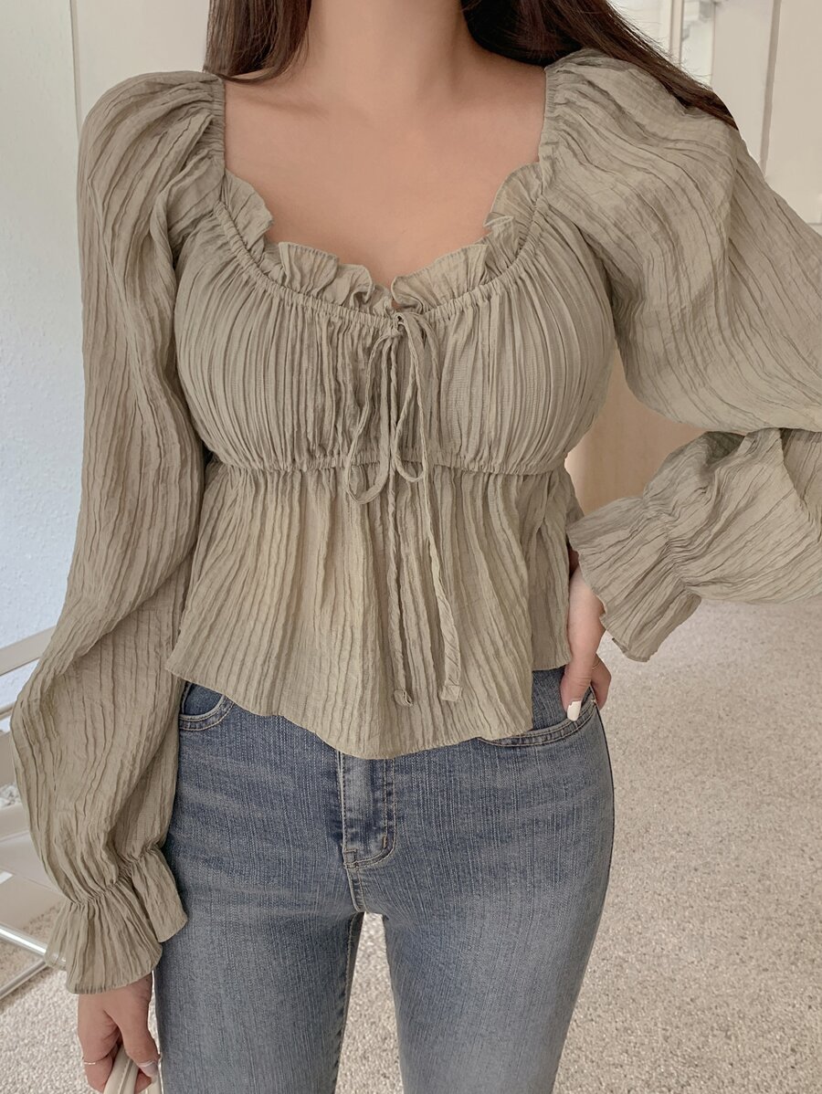 DAZY 系带前荷叶边袖荷叶边挤奶女工衬衫，秋季服装长袖上衣 - 卡其色 - 查看 1