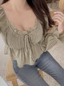 DAZY 系带前荷叶边袖荷叶边挤奶女工衬衫，秋季服装长袖上衣 - 卡其色 - 查看 4