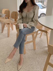 DAZY 系带前荷叶边袖荷叶边挤奶女工衬衫，秋季服装长袖上衣 - 卡其色 - 查看 5