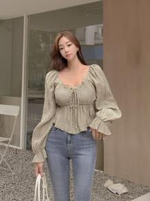 DAZY 系带前荷叶边袖荷叶边挤奶女工衬衫，秋季服装长袖上衣 - 卡其色 - 查看 6