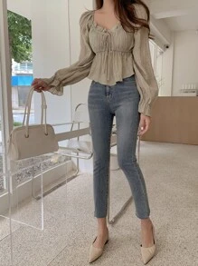 DAZY 系带前荷叶边袖荷叶边挤奶女工衬衫，秋季服装长袖上衣 - 卡其色 - 查看 9