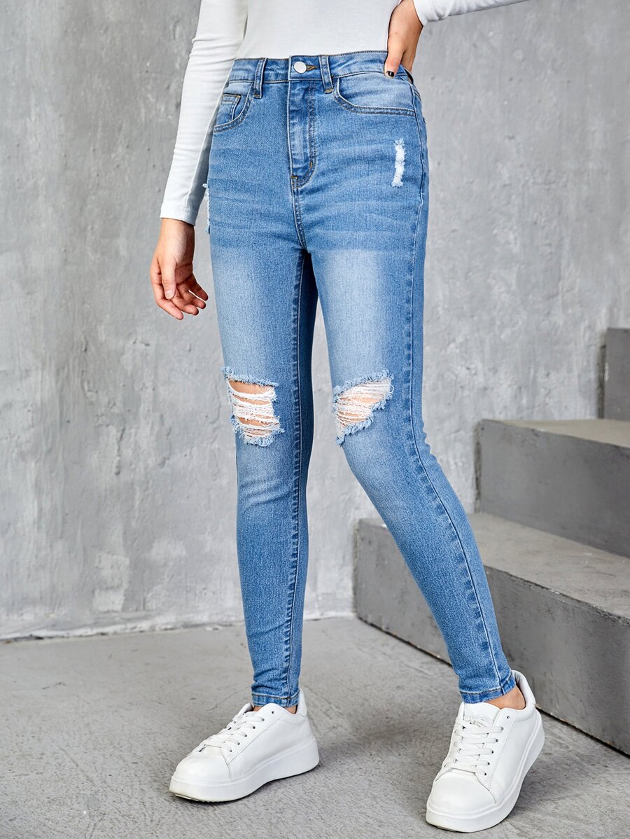 SHEIN Quần jean rách cô gái tuổi teen - Rửa nhẹ - Xem 1