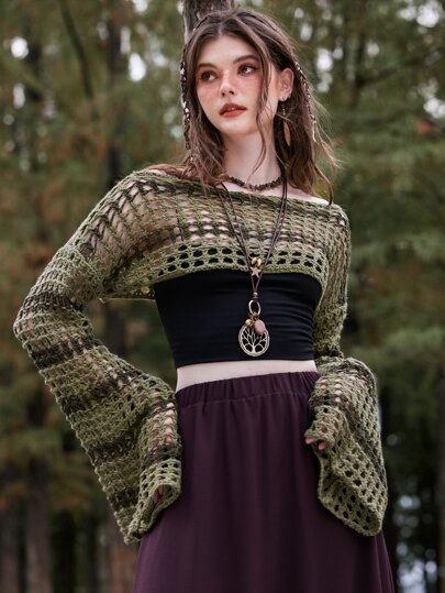 Fairycore الكروشيه المفرغ المخطط مزين بالفتحات قميص محصور للصيف، أكمام طويلة للمدرسة بلوزات