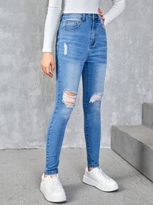 SHEIN Quần jean rách cô gái tuổi teen - Rửa nhẹ - Xem 3