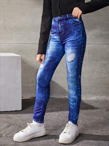 Tween Girls Denim Effect Elastic Waist Jeggings - Blue - View 3