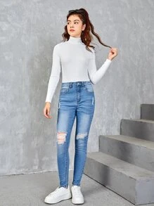 SHEIN Quần jean rách cô gái tuổi teen - Rửa nhẹ - Xem 4