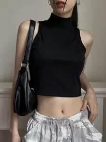 DAZY 纯色立领短款背心，节日、秋装 - 黑色 - 查看 1