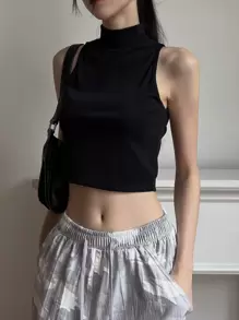 DAZY 纯色立领短款背心，节日、秋装 - 黑色 - 查看 2