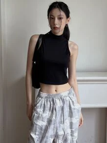 DAZY 纯色立领短款背心，节日、秋装 - 黑色 - 查看 3