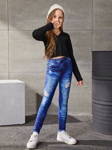 Tween Girls Denim Effect Elastic Waist Jeggings - Blue - View 5
