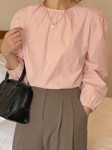 DAZY Blusa con cordón trasero de manga farol - Rosa Pálido - Ver 6