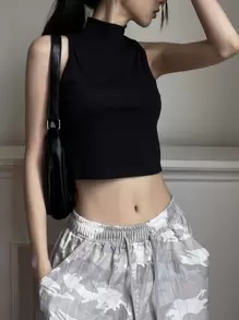 DAZY 纯色立领短款背心，节日、秋装 - 黑色 - 查看 6