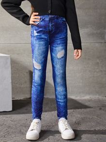 Tween Girls Denim Effect Elastic Waist Jeggings - Blue - View 4
