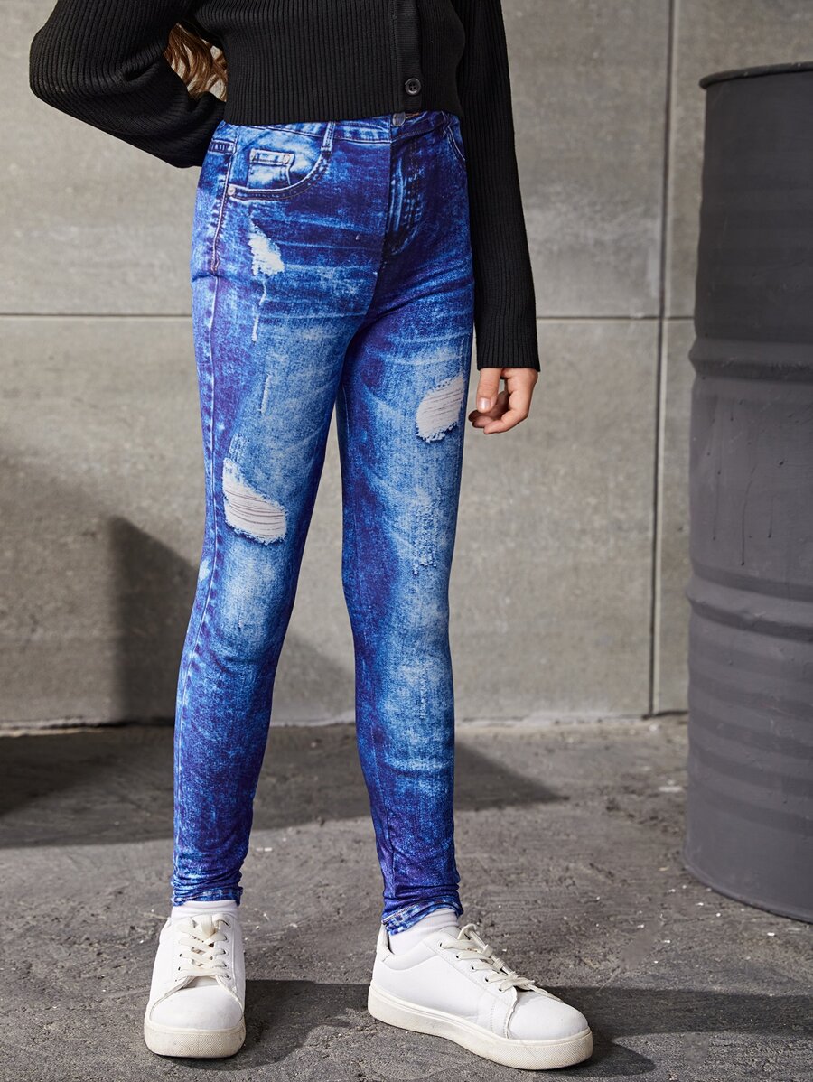 Tween Girls Denim Effect Elastic Waist Jeggings - Blue - View 1