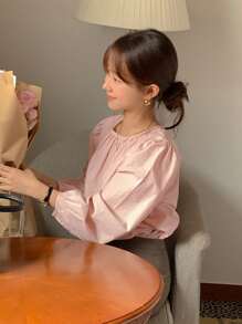 DAZY Blusa con cordón trasero de manga farol - Rosa Pálido - Ver 8