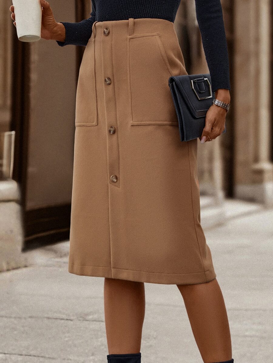 SHEIN Unity Falda de talle alto con botón delantero - Caqui - Ver 1