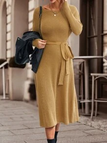 SHEIN LUNE Solid Belted Jumper Dress - Camel - View 1