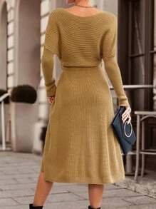 SHEIN LUNE Solid Belted Jumper Dress - Camel - View 2