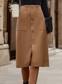 SHEIN Unity Falda de talle alto con botón delantero - Caqui - Ver 3