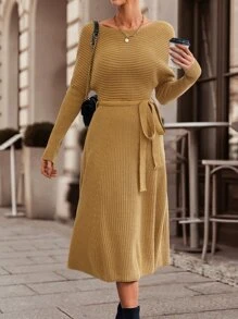 SHEIN LUNE Solid Belted Jumper Dress - Camel - View 3