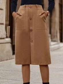 SHEIN Unity Falda de talle alto con botón delantero - Caqui - Ver 4