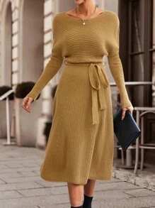 SHEIN LUNE Solid Belted Jumper Dress - Camel - View 4