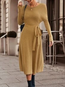 SHEIN LUNE Solid Belted Jumper Dress - Camel - View 5