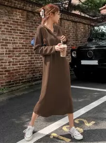 DAZY Drop Shoulder Half Button Hoodie Dress - Coffee Brown - View 1