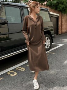 DAZY Drop Shoulder Half Button Hoodie Dress - Coffee Brown - View 2