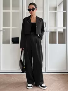 DAZY Áo khoác blazer đơn hàng khuy có túi vá & quần may đo chi tiết xếp ly, quần áo nữ mùa thu - màu đen - Xem 1