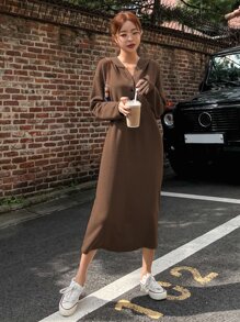 DAZY Drop Shoulder Half Button Hoodie Dress - Coffee Brown - View 3