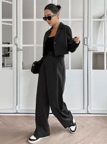 DAZY Áo khoác blazer đơn hàng khuy có túi vá & quần may đo chi tiết xếp ly, quần áo nữ mùa thu - màu đen - Xem 2