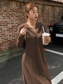 DAZY Drop Shoulder Half Button Hoodie Dress - Coffee Brown - View 4