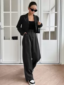 DAZY Áo khoác blazer đơn hàng khuy có túi vá & quần may đo chi tiết xếp ly, quần áo nữ mùa thu - màu đen - Xem 3