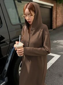 DAZY Drop Shoulder Half Button Hoodie Dress - Coffee Brown - View 5