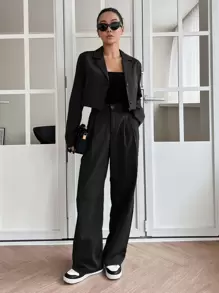 DAZY Áo khoác blazer đơn hàng khuy có túi vá & quần may đo chi tiết xếp ly, quần áo nữ mùa thu - màu đen - Xem 4