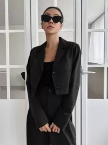 DAZY Áo khoác blazer đơn hàng khuy có túi vá & quần may đo chi tiết xếp ly, quần áo nữ mùa thu - màu đen - Xem 5