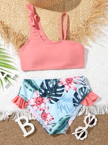Conjunto de bikini con estampado tropical y volantes para niña preadolescente, playa de verano - Multicolor - Ver 1