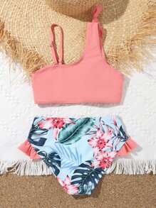 Conjunto de bikini con estampado tropical y volantes para niña preadolescente, playa de verano - Multicolor - Ver 2