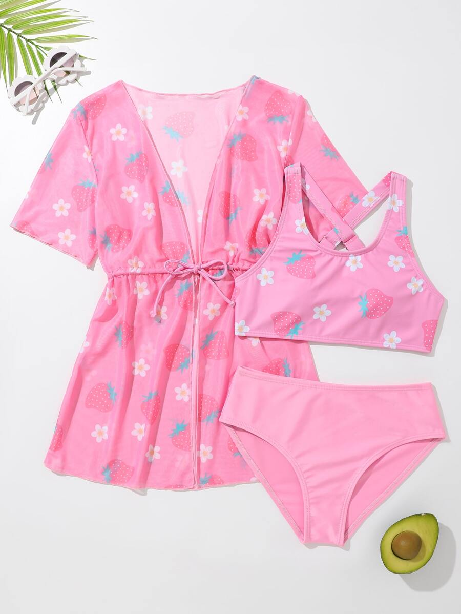 Tween Girl 3packs Random Floral Print Drawstring Waist Bikini Set Summer Beach - Pink - View 1