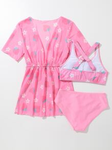 Tween Girl 3packs Random Floral Print Drawstring Waist Bikini Set Summer Beach - Pink - View 2