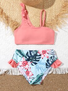 Conjunto de bikini con estampado tropical y volantes para niña preadolescente, playa de verano - Multicolor - Ver 5
