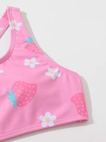 Tween Girl 3packs Random Floral Print Drawstring Waist Bikini Set Summer Beach - Pink - View 3